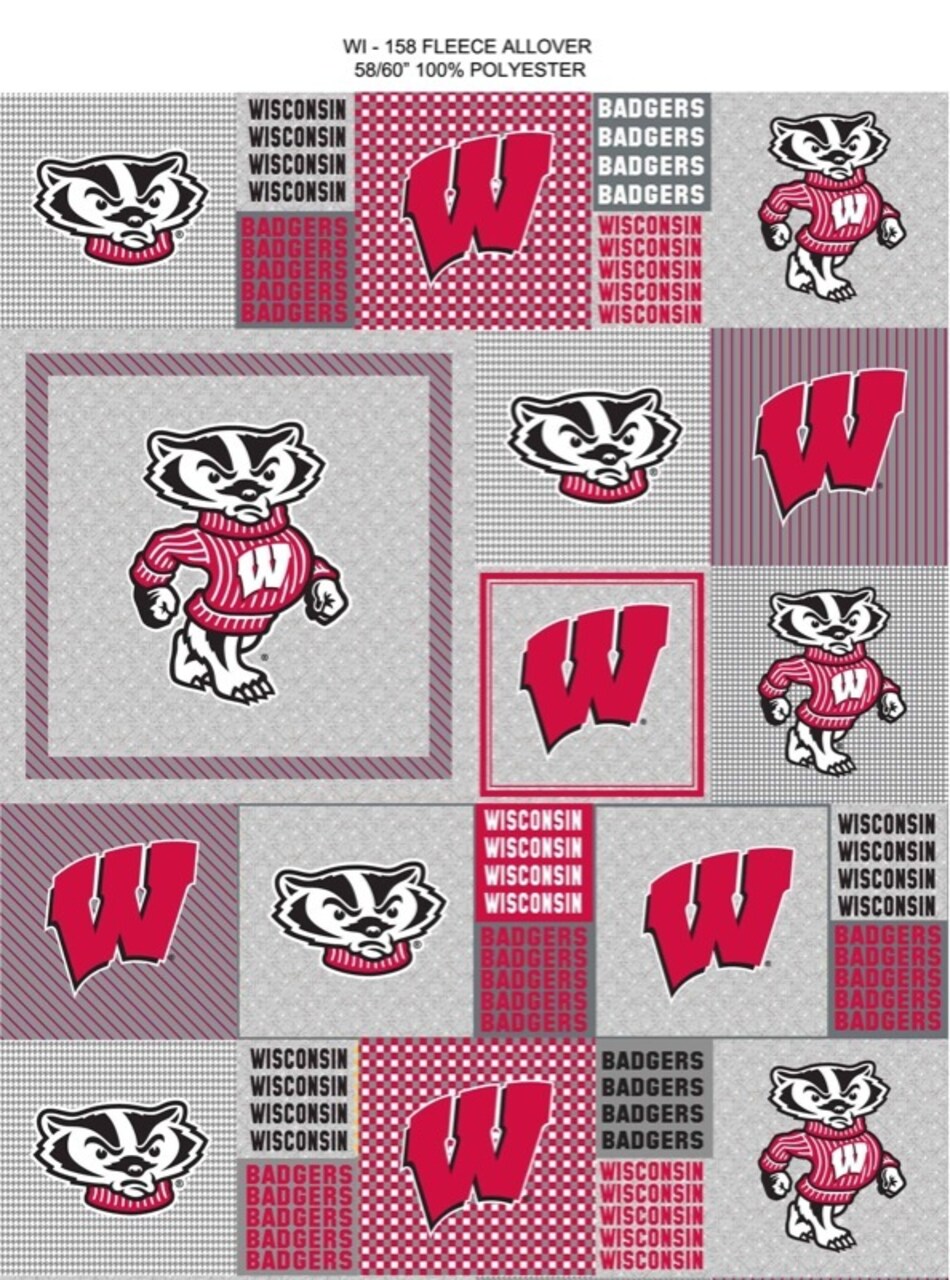 Sykel Enterprises-University of Wisconsin Fleece Fabric-Wisconsin Badgers Grey Block Fleece Blanket Fabric-Sold by the yard